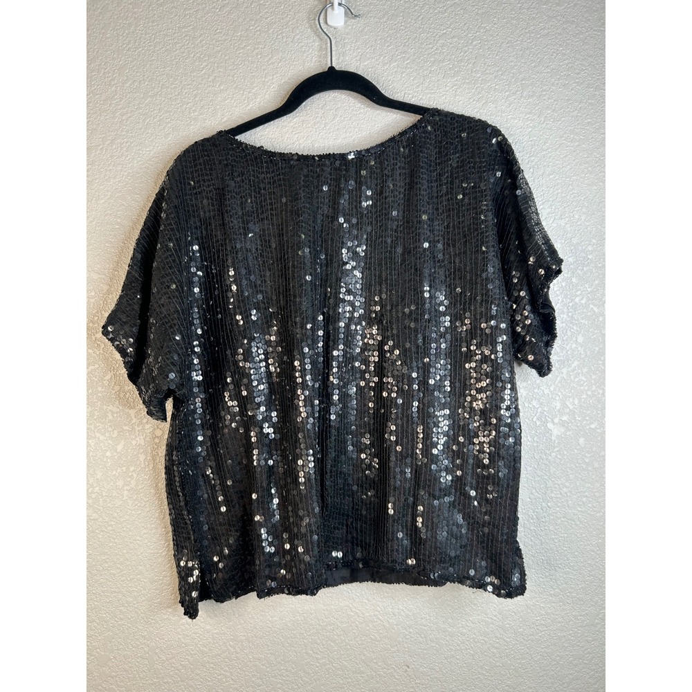 Vintage Women's Black Silver Sequin Silk Beaded Leaf Short Sleeve Top Size Large - Picture 4 of 6
